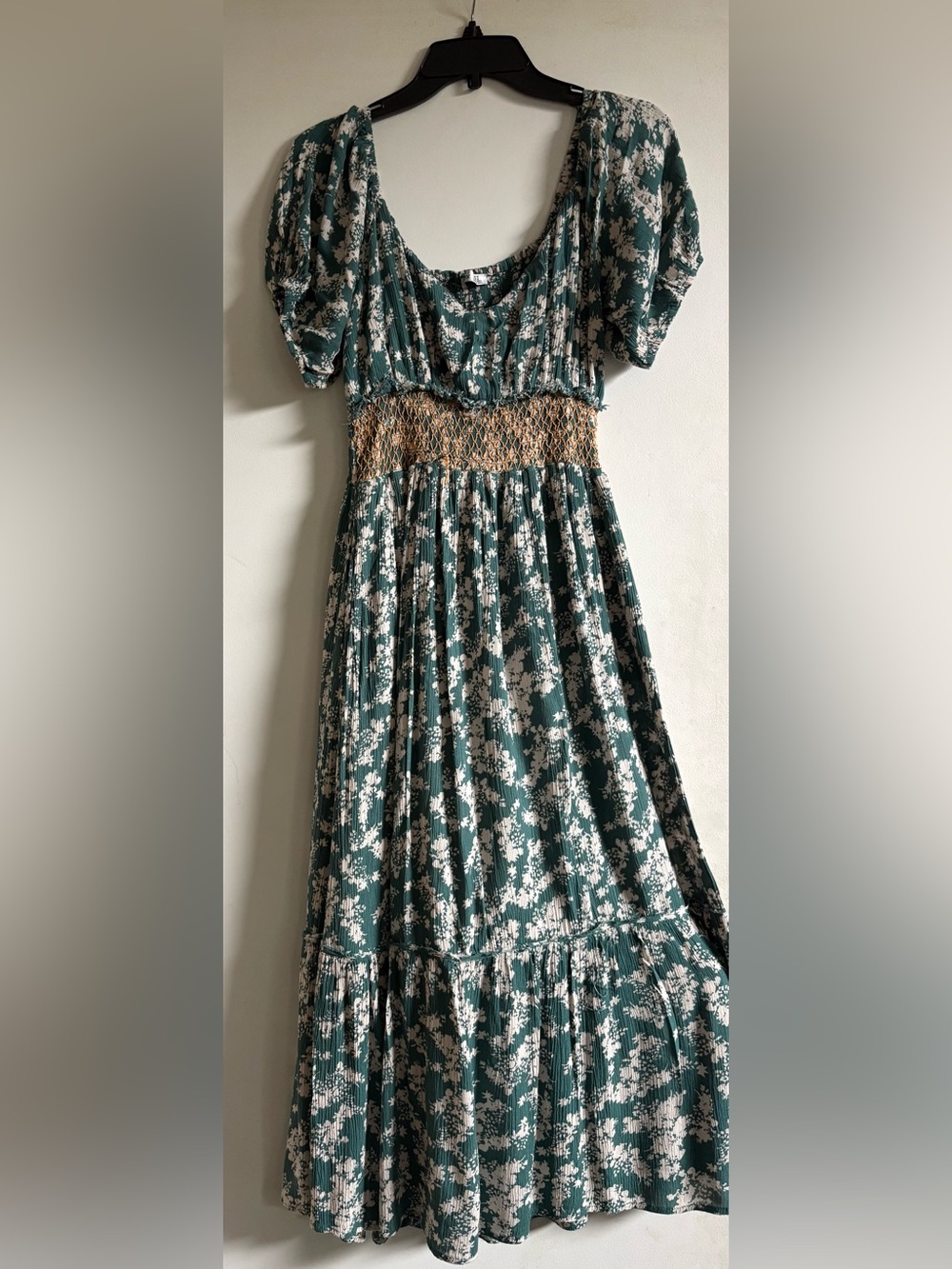 Dex Green and White Floral Maxi Dress with Gold Smocked Waist Size M